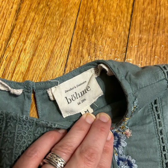 Bohme Top Womens Medium Green Floral Embroidered Short Sleeve Boho Cottagecore - Picture 6 of 9